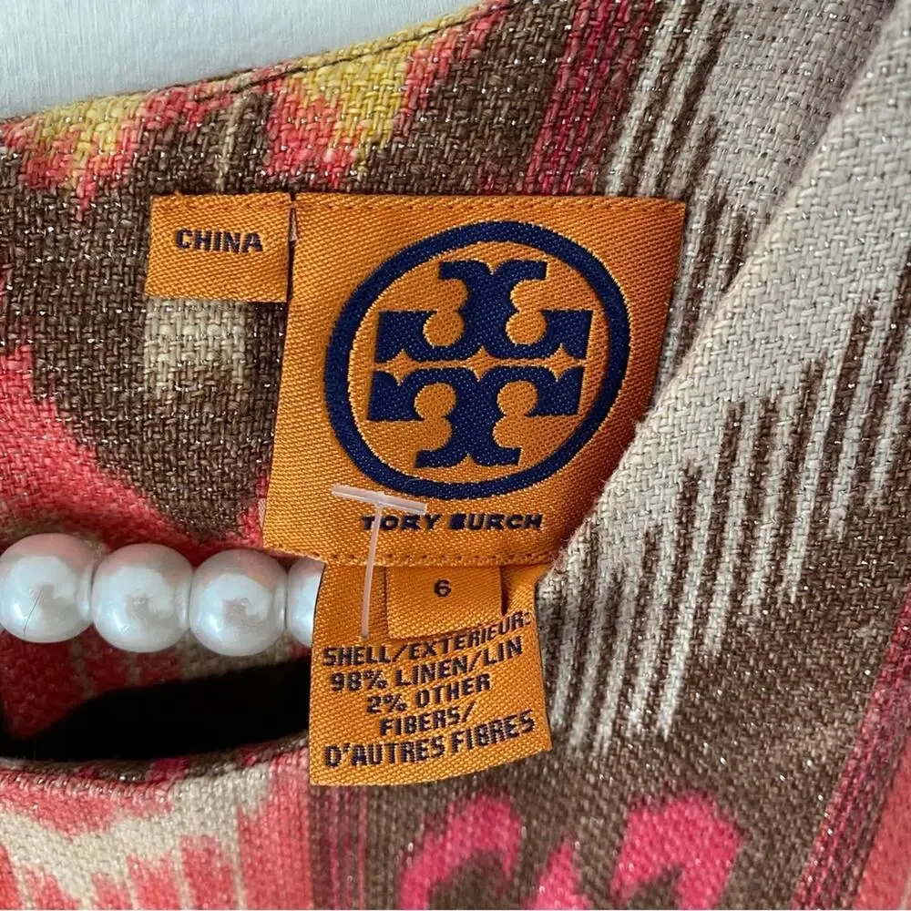 Tory Burch Ikat Linen Sleeveless Pink Brown Dress Silver Metallic Thread size 6